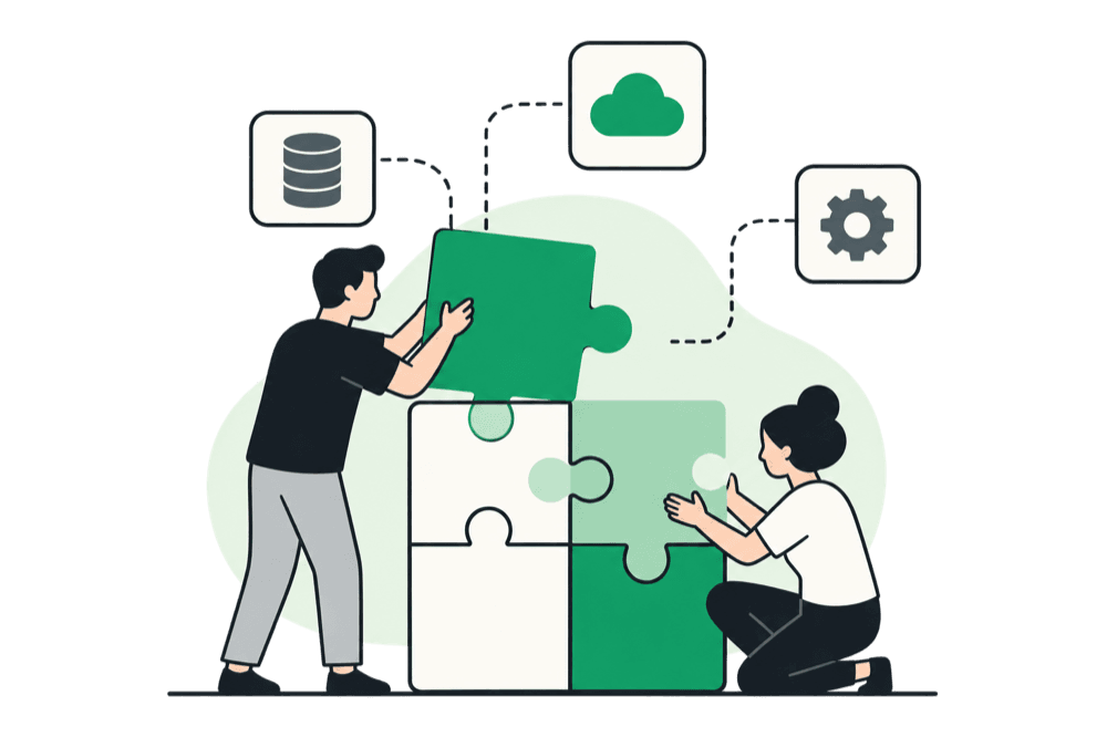 Zwei Personen setzen Puzzleteile zusammen, daneben Symbole für Datenbank, Cloud und Technik